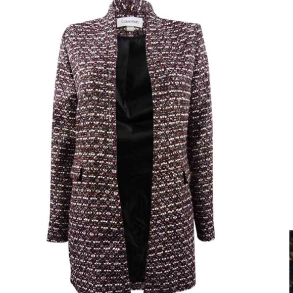 Calvin Klein Womens Tweed Open Front-Jacket Black Red And Metallic tones. Size 2